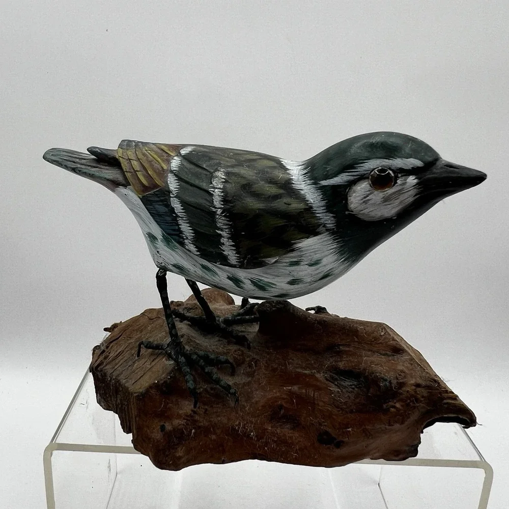 Vtg Hand Carved Wood Bird Numbered on Driftwood Heritage Industries Chickadee?